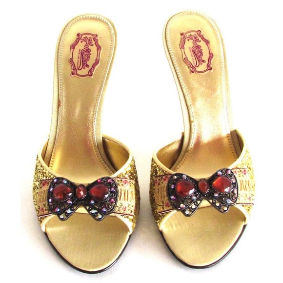 Hale' Bob Gold Glitter Metal Bow/Color Stones Detail Designer Mules Size 8.M - Picture 10 of 13